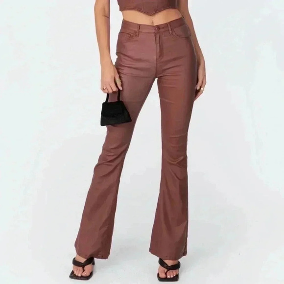 Edikted Faux Leather Pants Brown Sz Large - Picture 9 of 9